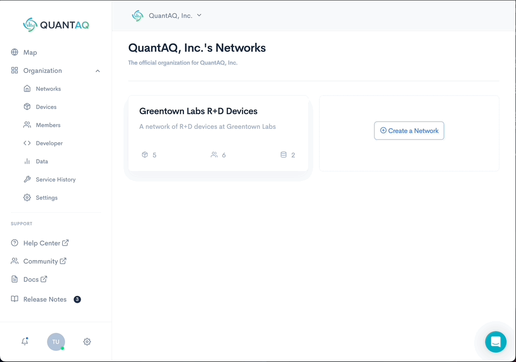 The QuantAQ Cloud interface now includes Device History, where Administrators can view the repair history (and current status) for their entire fleet in one place.